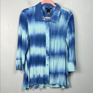 Ali Miles Blue White Tie Dye Stripe Gauze Square 3/4 Sleeve Tunic Top Small